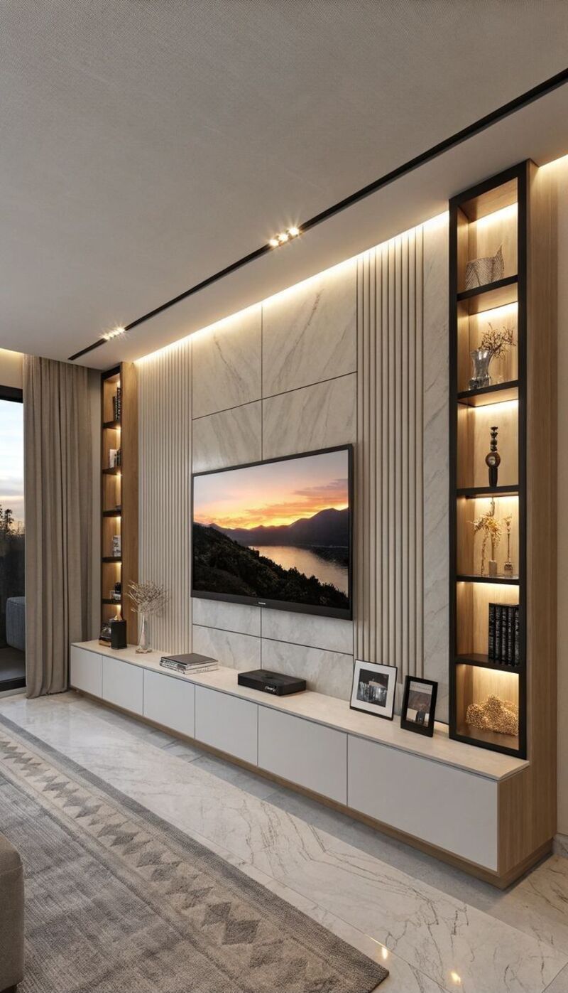 Mẫu Ốp Nhựa Phòng Khách Lam Sóng 2 bên Phía sau TV Màu Trắng Sang Trọng