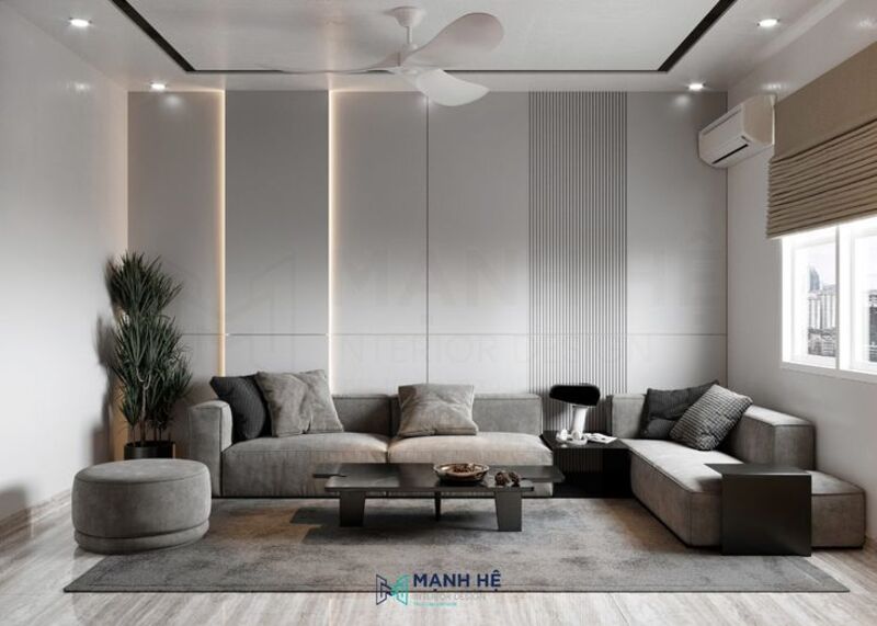 Mẫu Ốp Nhựa Phòng Khách Toàn Bộ Không Gian Tông Trắng Hiện Đại