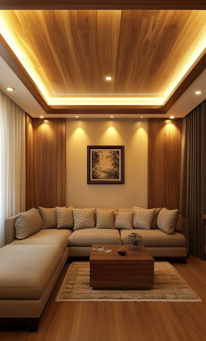 Mẫu Ốp Nhựa Trần Phòng Khách Giả Gỗ Tone Nâu