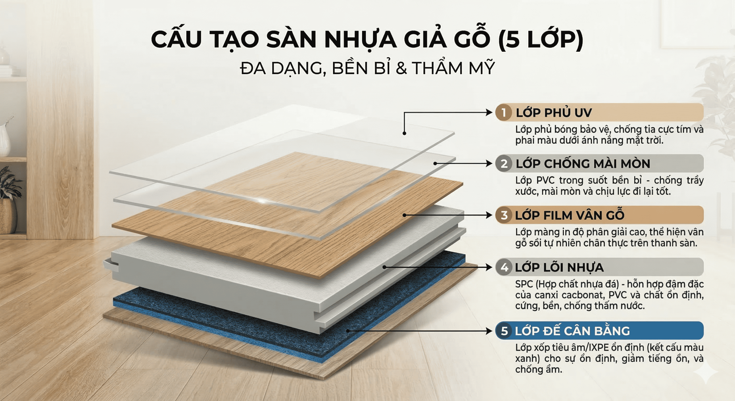 Sàn nhựa giả gỗ có bền không? Dùng có tốt không? 2 Sàn nhựa giả gỗ có bền không? - Cấu tạo 5 lớp bền chắc của sản nhựa giả gỗ