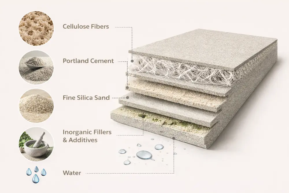 Cấu tạo tấm Cemboard: Thành phần và công nghệ sản xuất 1 Cấu trúc xi măng sợi Cellulose giúp tấm có độ dẻo dai cao và không bị giòn gãy