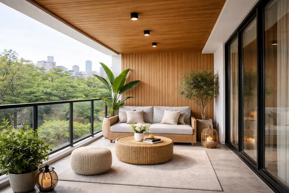 Trần nhựa giả gỗ giúp khu vực ban công trở nên sang trọng và chịu được độ ẩm ngoài trời tốt