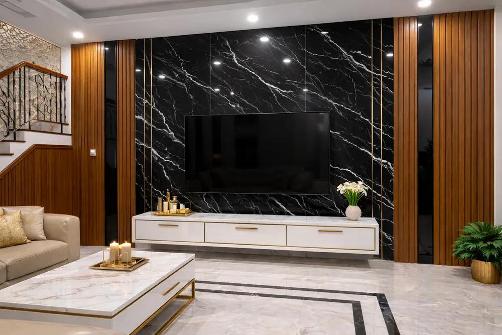 Sắc đen tia chớp tạo chiều sâu và vẻ đẹp huyền bí cho bức tường nhấn sau tivi