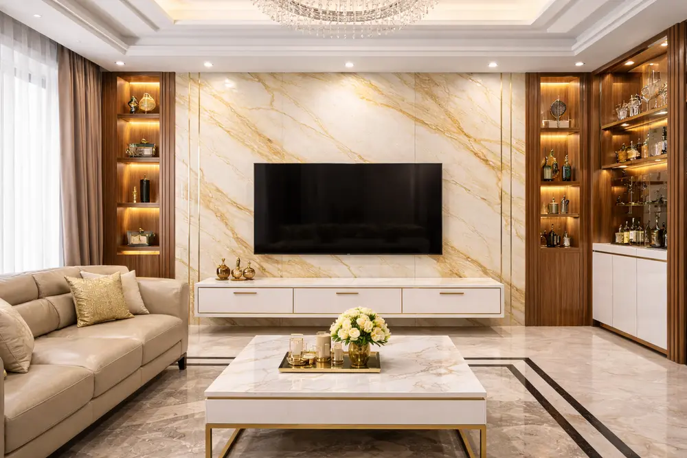 Tông màu vàng sang trọng giúp phòng khách trở nên ấm cúng và bề thế hơn