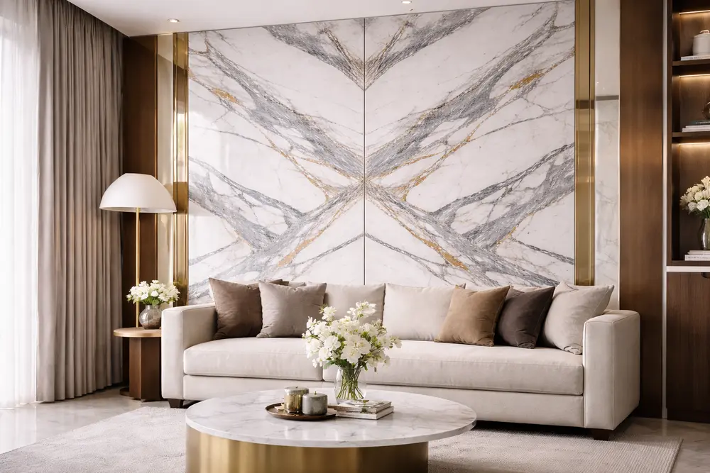 Tranh đá PVC đối xứng là đỉnh cao của trang trí tường phòng khách năm 2026