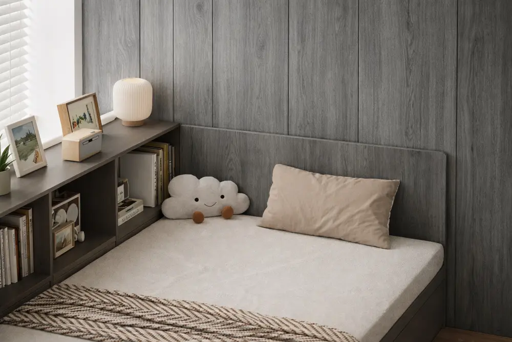 Mẫu 9: Phòng ngủ ốp nhựa giả gỗ màu xám tro độc đáo dành cho những gia chủ trẻ muốn sự phá cách, mới mẻ trong thiết kế nội thất.