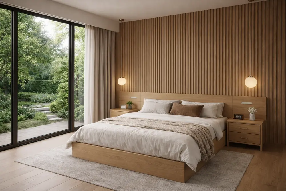 Mẫu 11: Phòng ngủ ốp lam sóng nhựa màu gỗ tự nhiên tạo các dải sáng tối song song giúp mảng tường đầu giường trở nên vô cùng sống động.
