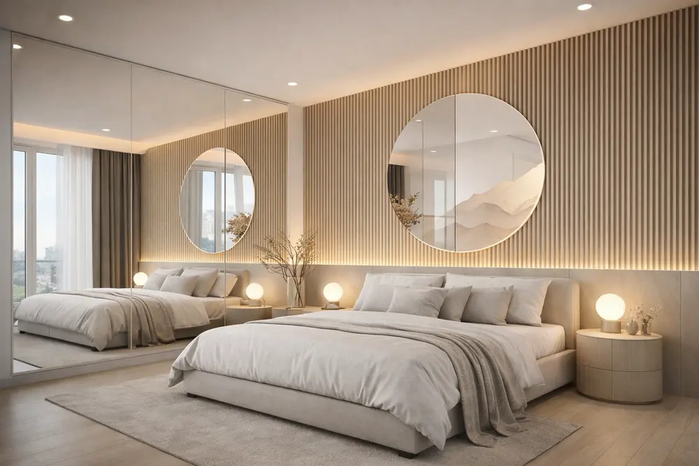 Mẫu 12: Phòng ngủ ốp lam sóng kết hợp cùng tranh tráng gương hoặc gương trang trí tạo hiệu ứng phản chiếu lung linh và sang trọng.