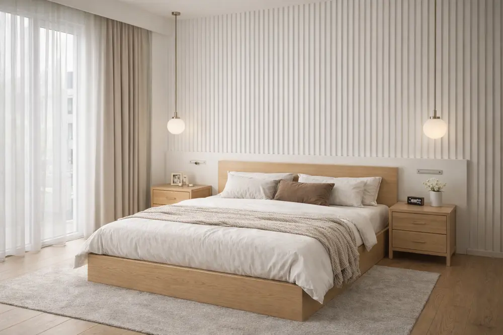 Mẫu 13: Phòng ngủ ốp lam sóng nhựa màu trắng tinh khôi giúp căn phòng nhỏ trở nên thoáng đãng nhưng vẫn có điểm nhấn khối nổi tinh tế.