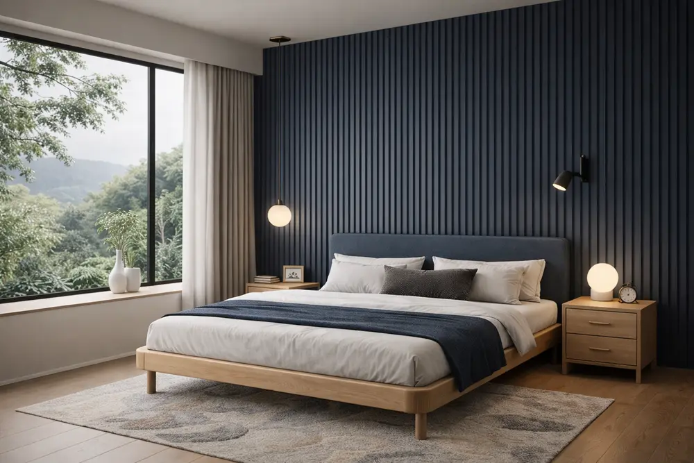 Mẫu 14: Phòng ngủ ốp lam sóng nhựa màu xanh than cá tính mang lại vẻ đẹp đậm chất nghệ thuật và sự yên bình cho không gian nghỉ ngơi.