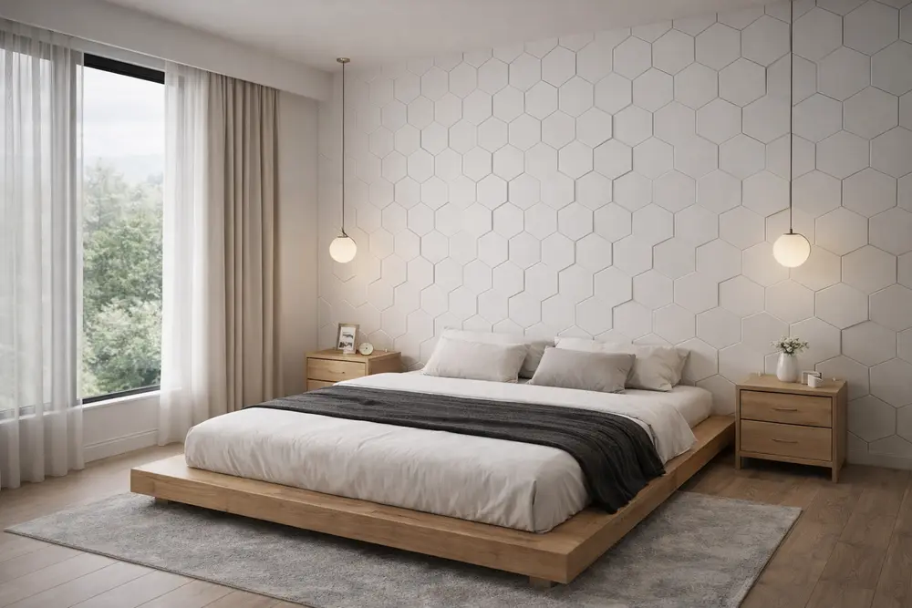 Mẫu 18: Phòng ngủ ốp nhựa 3D hình lục giác xếp chồng tạo hiệu ứng thị giác chiều sâu cực kỳ ấn tượng mỗi khi bước vào phòng.