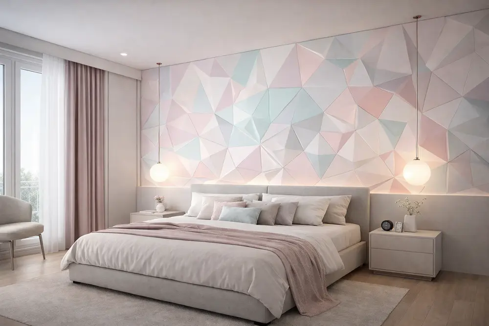 Mẫu 20: Phòng ngủ ốp nhựa 3D họa tiết đa giác hiện đại được sơn màu Pastel tạo không gian thư giãn vừa nghệ thuật vừa trẻ trung.