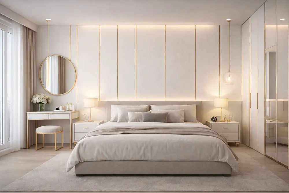 Mẫu 22: Phòng ngủ ốp nhựa Nano kết hợp các thanh nẹp đồng lấp lánh tạo nên vẻ đẹp sang trọng và đẳng cấp cho những căn hộ cao cấp.