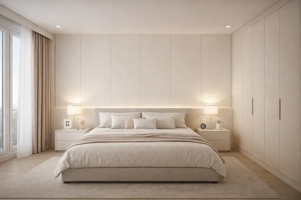 Mẫu 23: Phòng ngủ ốp nhựa Nano màu kem sữa tạo cảm giác sạch sẽ, dễ dàng vệ sinh và luôn giữ được độ mới theo năm tháng.