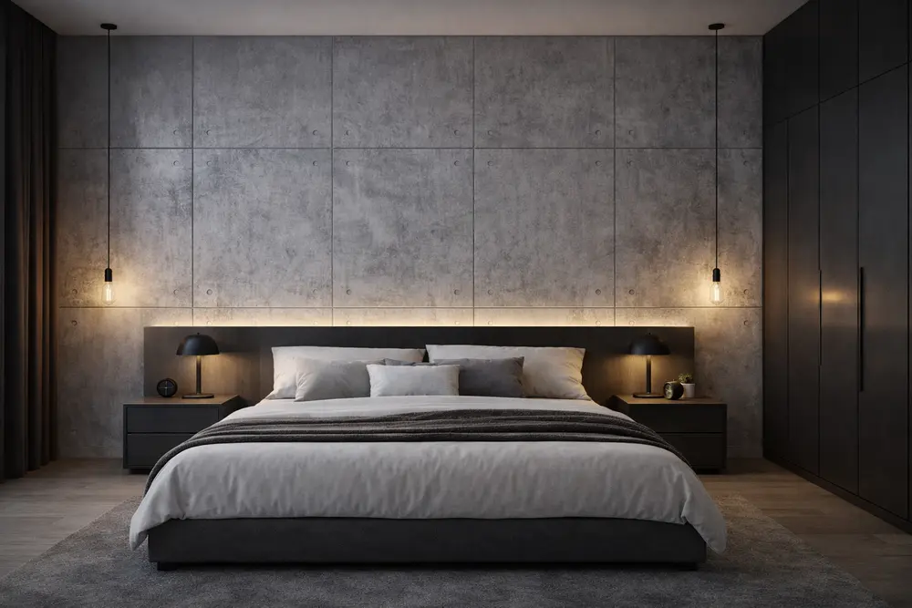 Mẫu 25: Phòng ngủ ốp nhựa Nano giả bê tông mang phong cách Industrial thô mộc, cá tính cho những chủ nhân yêu sự tối giản.