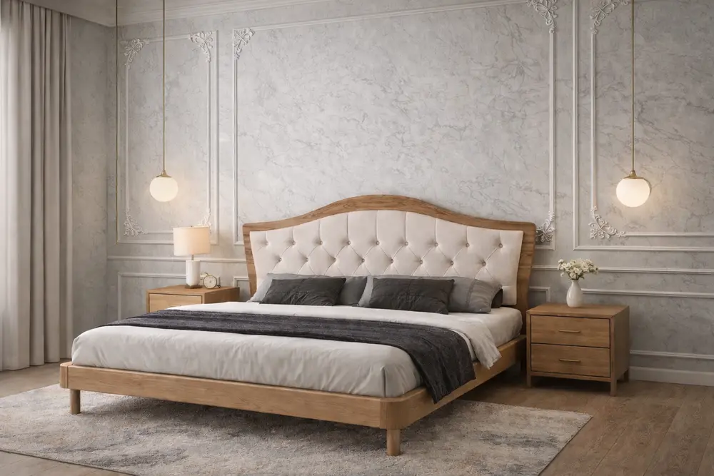 Mẫu 27: Phòng ngủ ốp tấm nhựa vân đá nhẹ nhàng kết hợp hoa văn phào chỉ nổi tạo nên sự kết hợp hài hòa giữa cổ điển và hiện đại.