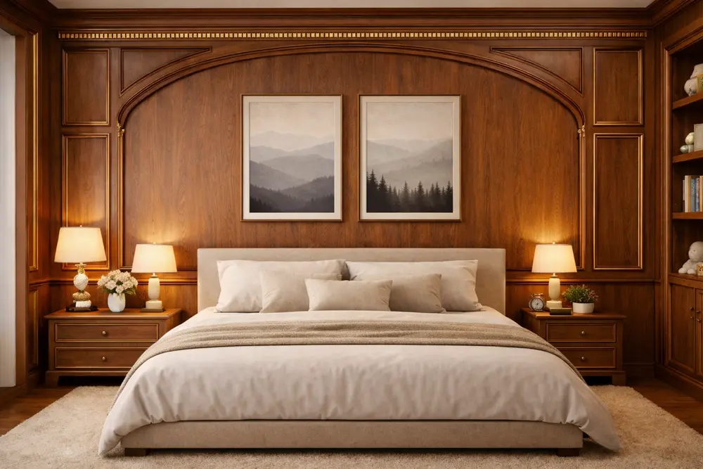 Mẫu 28: Phòng ngủ ốp nhựa giả gỗ màu Cherry đậm phối cùng nẹp chỉ gỗ tạo không gian trang trọng theo kiểu cung điện.