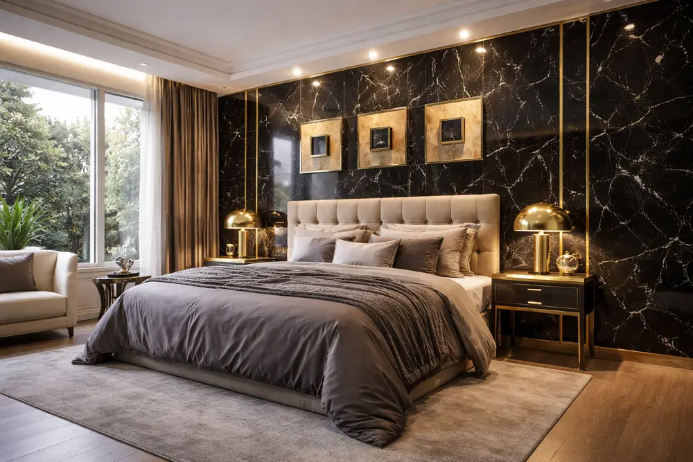 Mẫu 2: Phòng ngủ ốp nhựa giả đá PVC màu đen tia chớp mang lại vẻ đẹp huyền bí, quyền lực, đặc biệt cuốn hút 