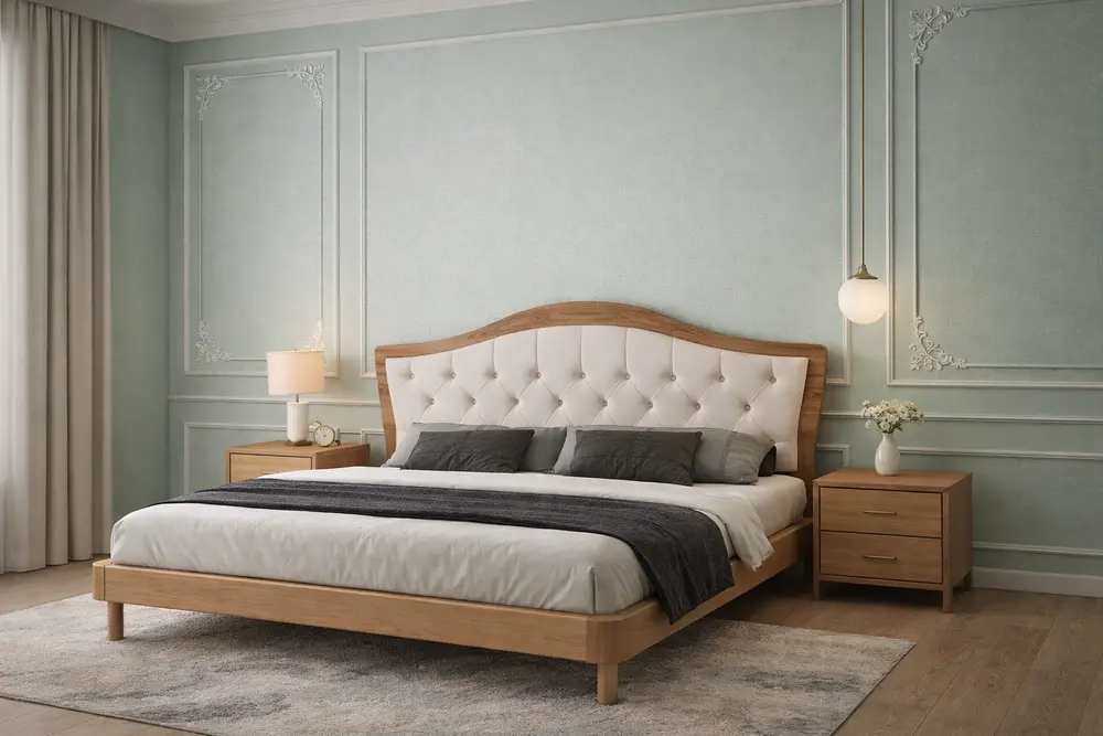 Mẫu 29: Phòng ngủ ốp nhựa màu xanh mint nhẹ nhàng kết hợp chỉ trang trí tạo nét Tân cổ điển nhẹ nhàng và thanh lịch.