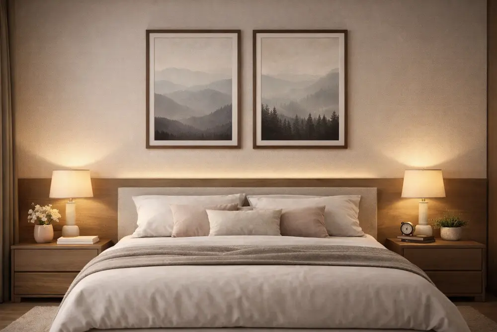 Mẫu 30: Phòng ngủ ốp nhựa vân lụa kết hợp khung tranh gỗ nhựa tạo cảm giác ấm cúng và vô cùng thư giãn.