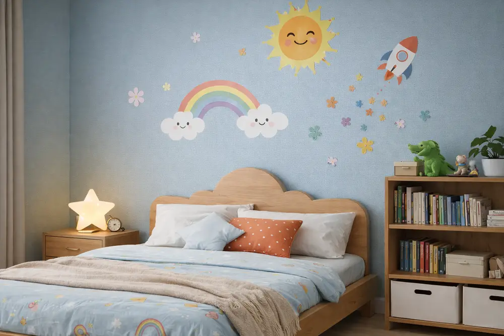 Mẫu 31: Phòng ngủ cho bé ốp nhựa Nano màu xanh dương pastel dịu mắt giúp bé có giấc ngủ ngon và không gian sáng tạo.