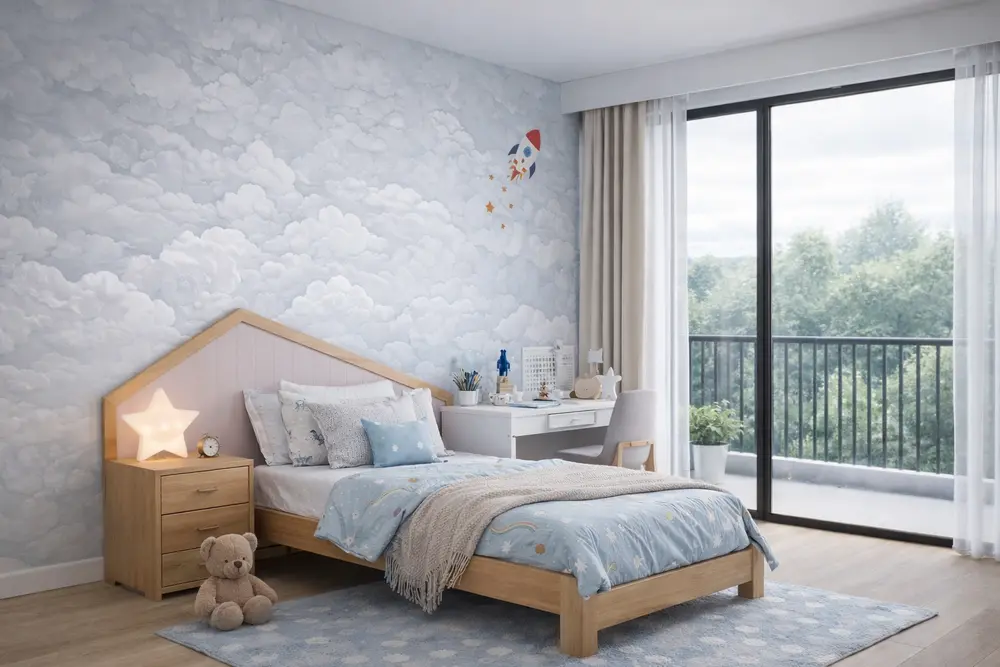 Mẫu 32: Phòng ngủ cho bé ốp nhựa 3D họa tiết đám mây bồng bềnh mang lại cảm giác thích thú và gần gũi với thiên nhiên.