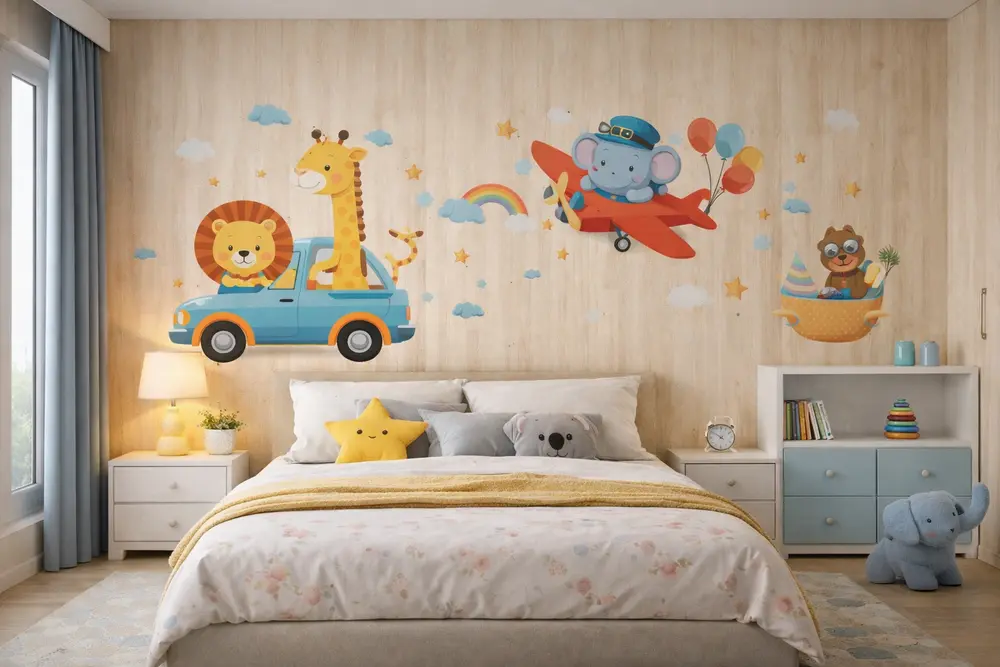 Mẫu 34: Phòng ngủ cho bé ốp nhựa vân gỗ sáng kết hợp dán decal hoạt hình trên mặt nhựa cực kỳ bền màu và dễ lau chùi.