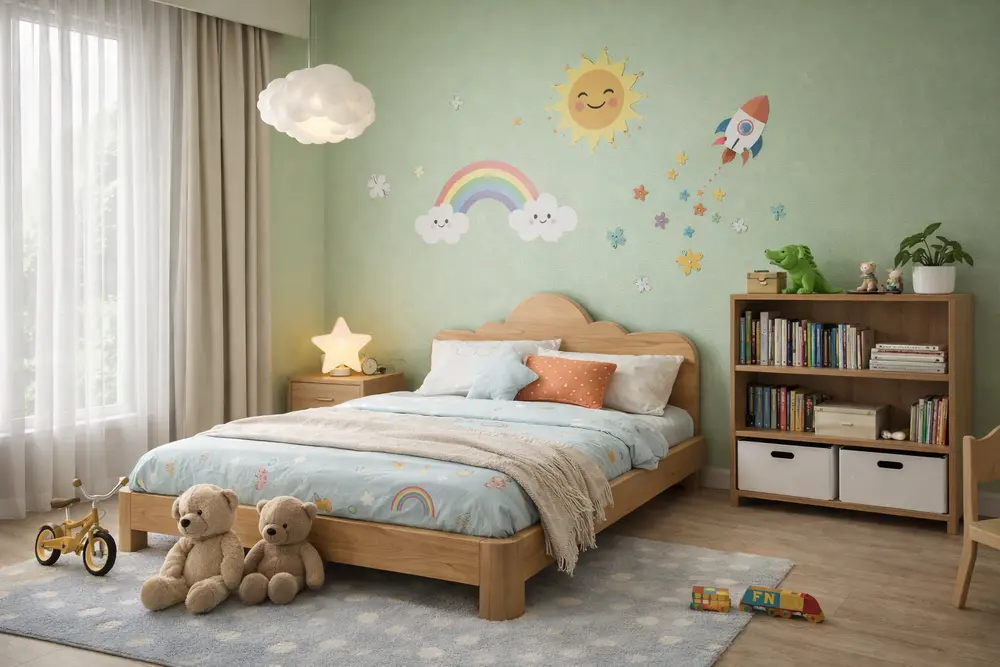 Mẫu 35: Phòng ngủ cho bé ốp nhựa màu xanh lá cây nhạt tạo không gian tươi mát, sạch sẽ và hạn chế các vết bẩn do bé vẽ nghịch.