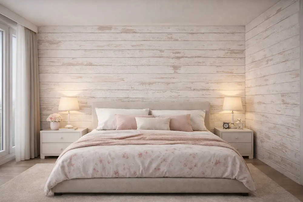 Mẫu 38: Phòng ngủ ốp nhựa màu trắng giả gỗ sơn bóc mang vẻ đẹp Shabby Chic lãng mạn, thanh bình.