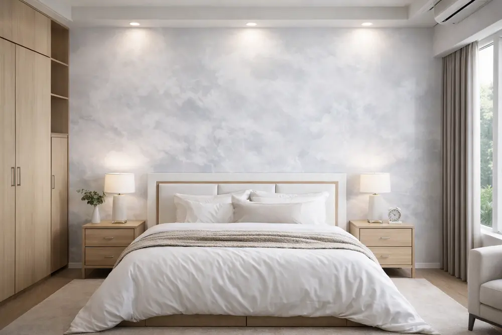 Mẫu 3: Phòng ngủ ốp nhựa giả đá vân mây đối xứng tạo thành một bức tranh đá tự nhiên khổ lớn