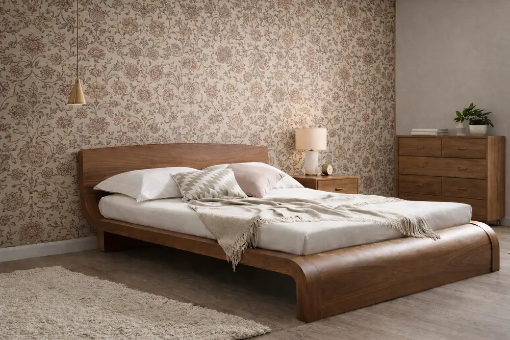 Mẫu 39: Phòng ngủ ốp nhựa họa tiết hoa văn Retro độc đáo kết hợp cùng nẹp nhựa đồng tạo vẻ đẹp quý phái kiểu cũ.