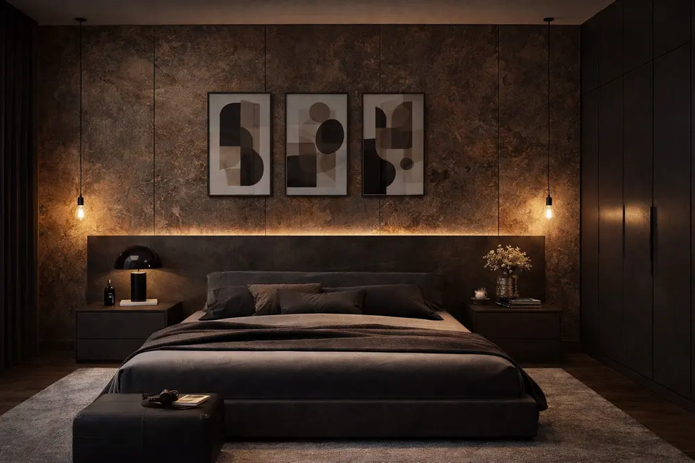 Mẫu 40: Phòng ngủ ốp nhựa giả đá màu đồng cổ mang lại sự mạnh mẽ, trầm mặc và vô cùng riêng tư cho gia chủ.