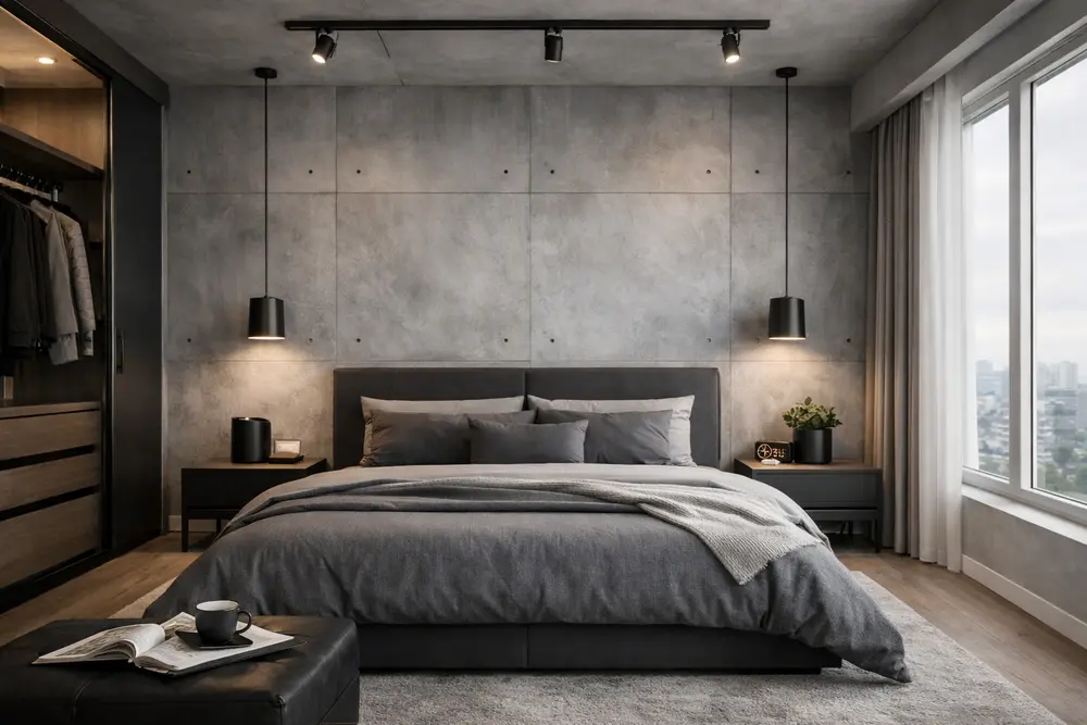 Mẫu 4: Phòng ngủ ốp nhựa giả đá tông màu xám bê tông hiện đại 