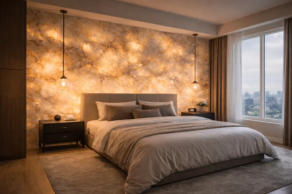 Mẫu 5: Phòng ngủ ốp nhựa giả đá xuyên sáng tạo hiệu ứng lung linh 