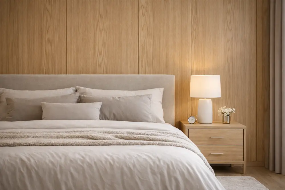 Mẫu 6: Phòng ngủ ốp nhựa giả gỗ Nano màu gỗ Sồi vàng nhạt 