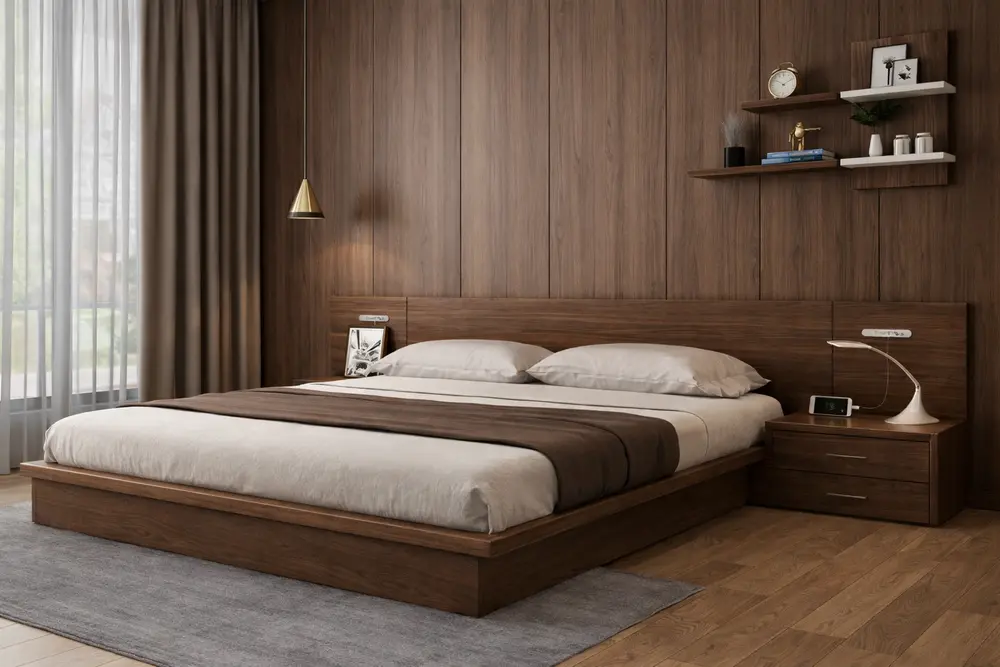 Mẫu 7: Phòng ngủ ốp nhựa giả gỗ màu Óc Chó nâu trầm mang đến sự sang trọng, cổ điển 