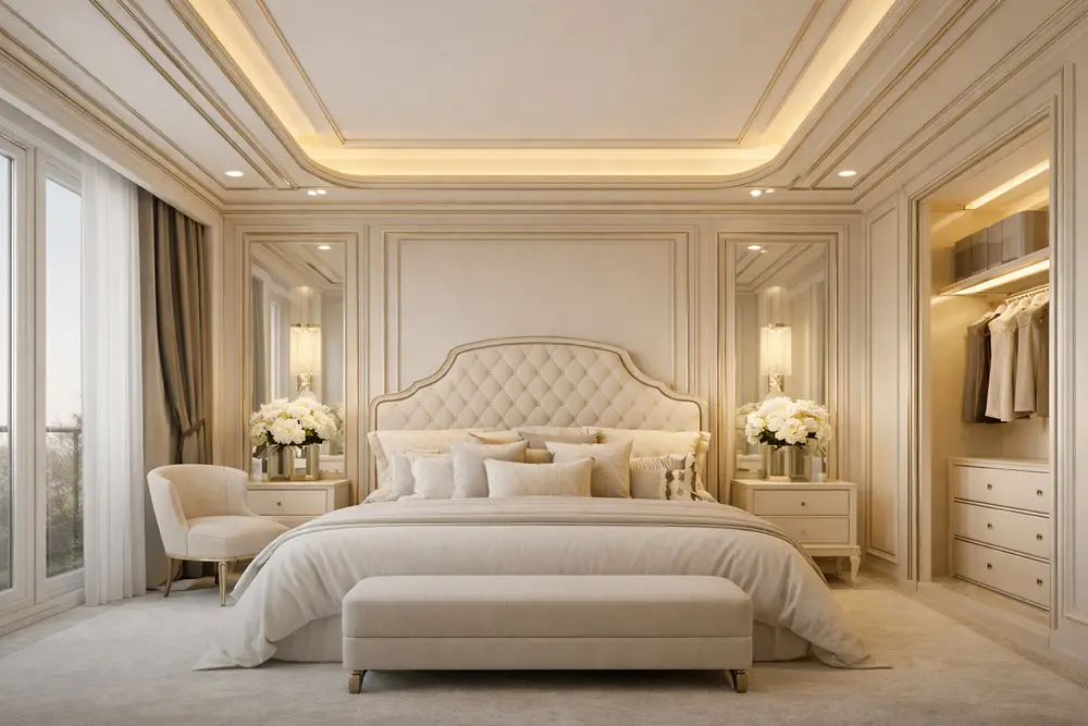 Mẫu 8: Phòng ngủ ốp nhựa giả gỗ kết hợp phào chỉ cổ điển giúp bức tường trở nên có chiều sâu và đẳng cấp như không gian hoàng gia.