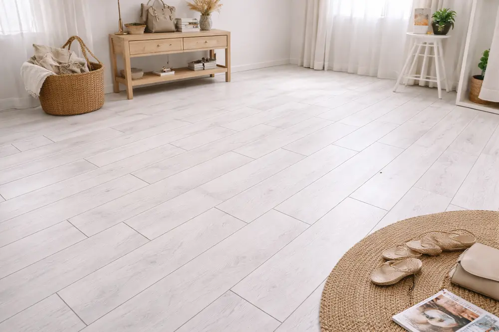 Sàn nhựa màu trắng giúp tôn vinh vẻ đẹp của đồ nội thất và sản phẩm trưng bày phía trên