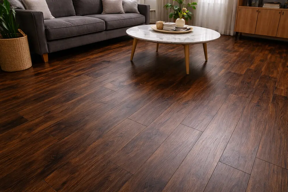 Vẻ đẹp sang trọng của sàn nhựa giả gỗ tự dán màu gỗ Óc Chó giúp nâng tầm đẳng cấp cho không gian sống hiện đại