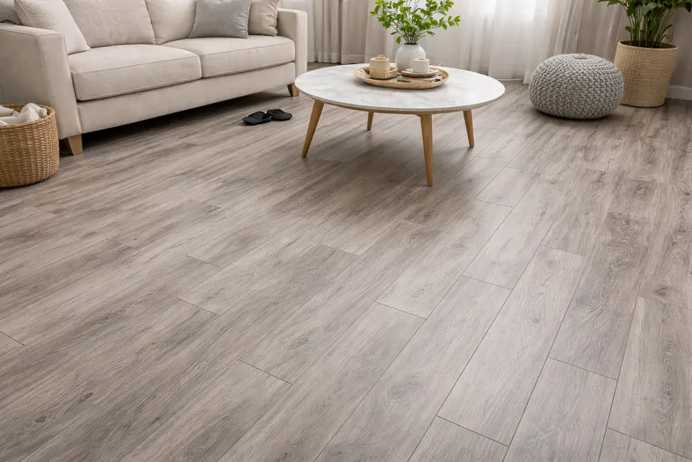 Sàn nhựa tự dán màu xám mang lại nét tinh tế và phong cách thời thượng cho ngôi nhà