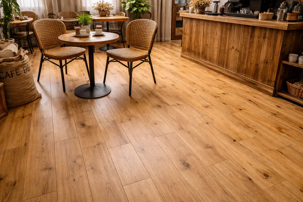 Vẻ đẹp mộc mạc của vân gỗ Thông giúp không gian quán cafe trở nên ấm áp và gần gũi hơn