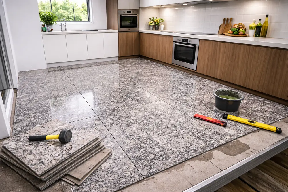 Sàn bếp giả đá từ cemboard mang lại sự sạch sẽ và bền bỉ tuyệt đối cho các chị em nội trợ