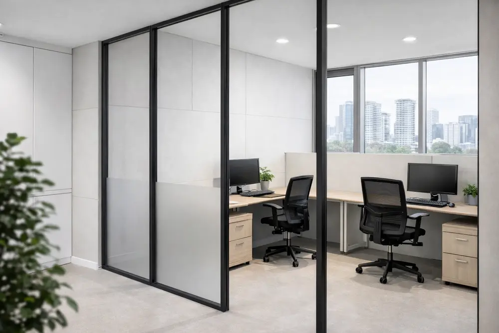 Vách ngăn cemboard kết hợp kính giúp tối ưu ánh sáng và không gian làm việc văn phòng