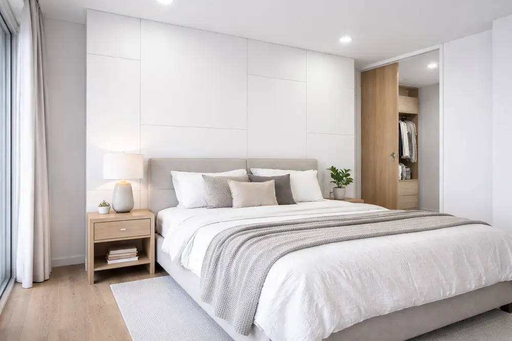 Mẫu vách bả sơn trắng mang lại diện mạo sang trọng và tinh tế cho phòng ngủ nội thất