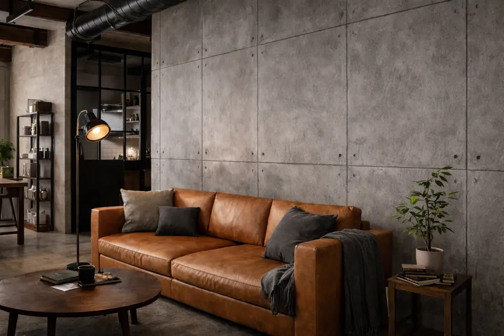 Vách giả bê tông thô mộc là điểm nhấn ấn tượng cho không gian kiến trúc đương đại