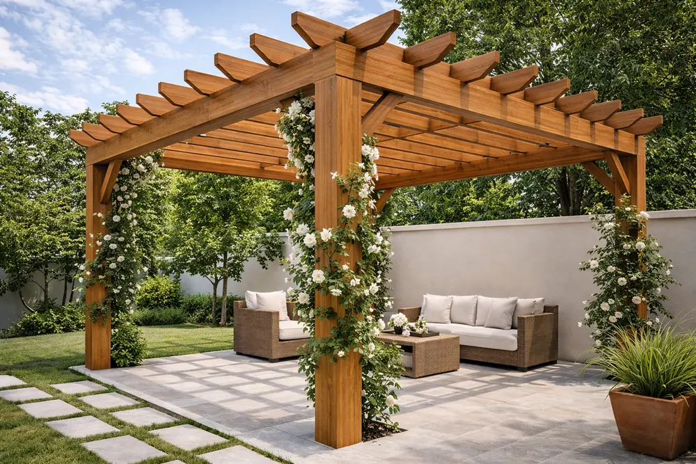 Giàn hoa giả gỗ Pergola kiến tạo không gian sống xanh mà không lo tác động của thời tiết