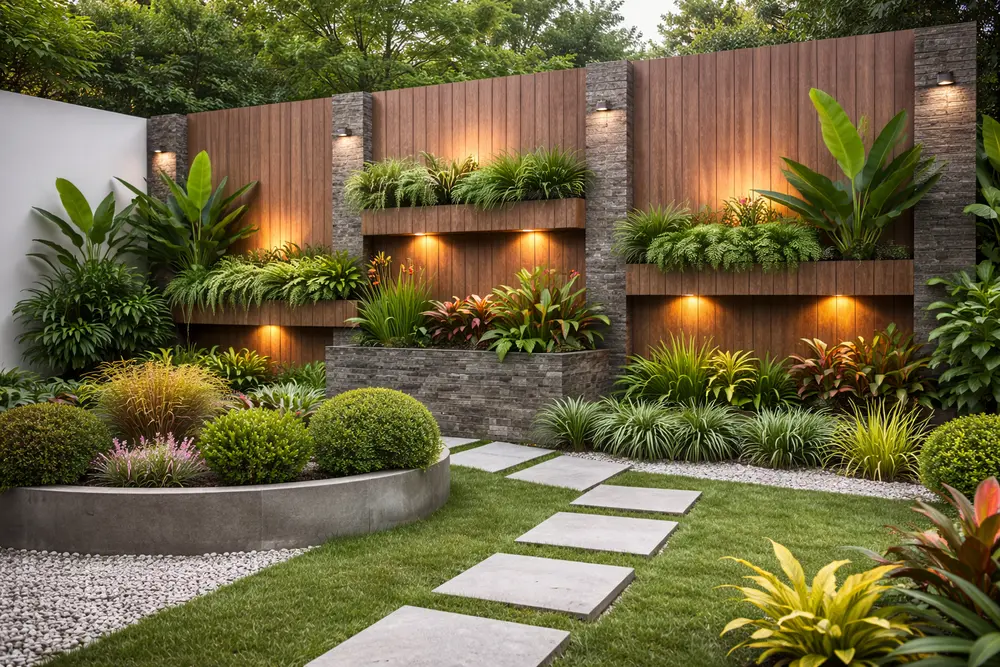 Vách trang trí vân gỗ giúp tiểu cảnh sân vườn trở nên sinh động và có chiều sâu hơn