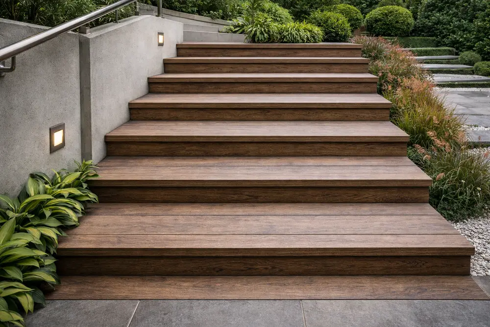Bậc thang giả gỗ ngoài trời mang lại sự chắc chắn và vẻ đẹp hài hòa với thiên nhiên