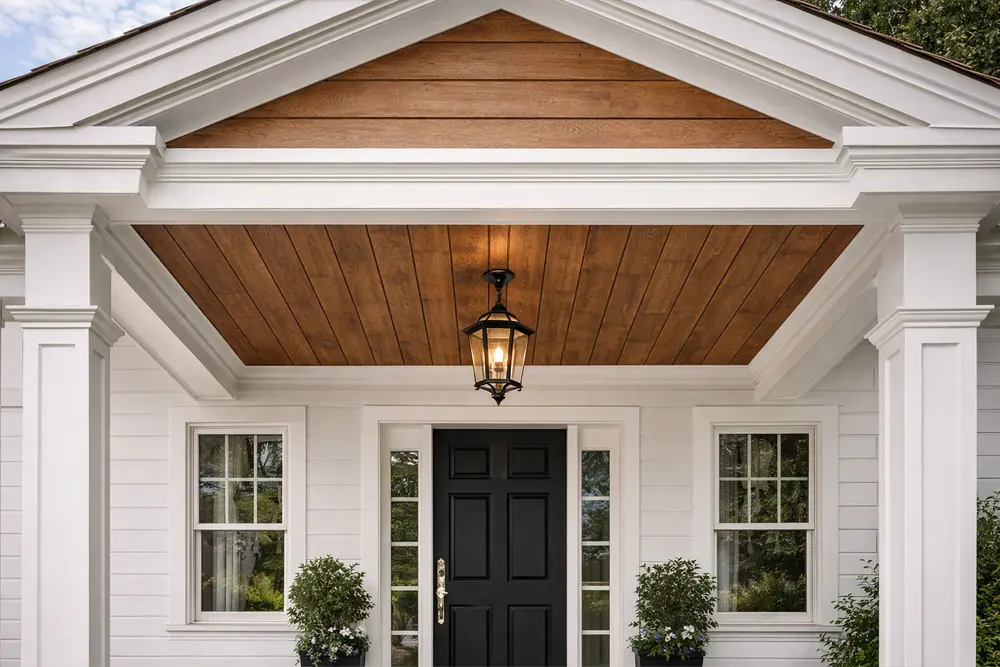 Mái hiên vân gỗ là chi tiết hoàn thiện giúp kiến trúc ngoại thất trở nên trọn vẹn và đẳng cấp