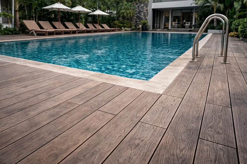 Sàn hồ bơi giả gỗ mang lại không gian thư giãn đẳng cấp và an toàn tuyệt đối